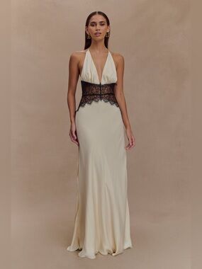 Meshki Dinah Lace And Satin Halter Maxi Dress Black Ivory Size XXS NWT